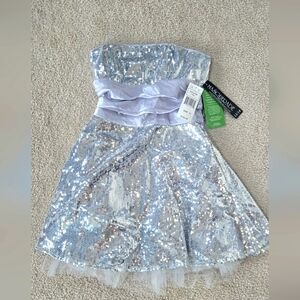 NWT Masquerade Strapless Silver Sequin Dress Size 13/14